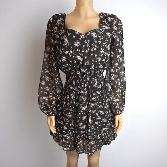 Black Ruffled Floral Short Dress - Picture 1 of 9